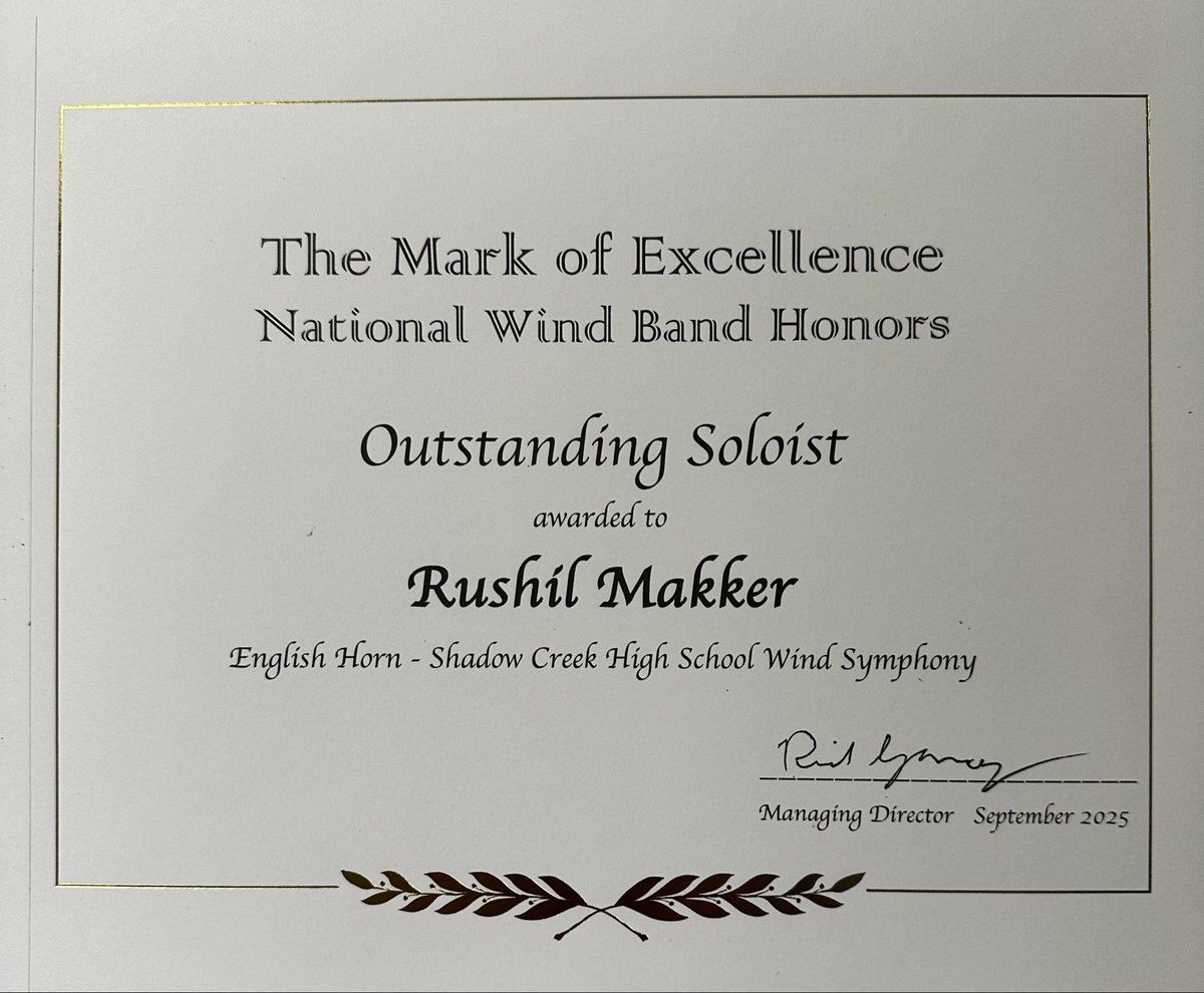ShadowCreekBand's tweet image. CONGRATULATIONS to Rushil, Meaghan, Peter, and Marcus for being named Outstanding Soloists in the 2025 National Wind Band Honors competition! @AISDFineArts @AlvinISD @ShadowCreekHS