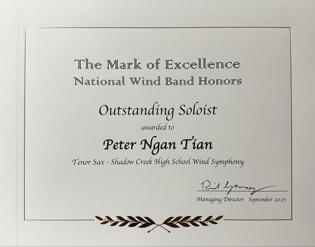 ShadowCreekBand's tweet image. CONGRATULATIONS to Rushil, Meaghan, Peter, and Marcus for being named Outstanding Soloists in the 2025 National Wind Band Honors competition! @AISDFineArts @AlvinISD @ShadowCreekHS