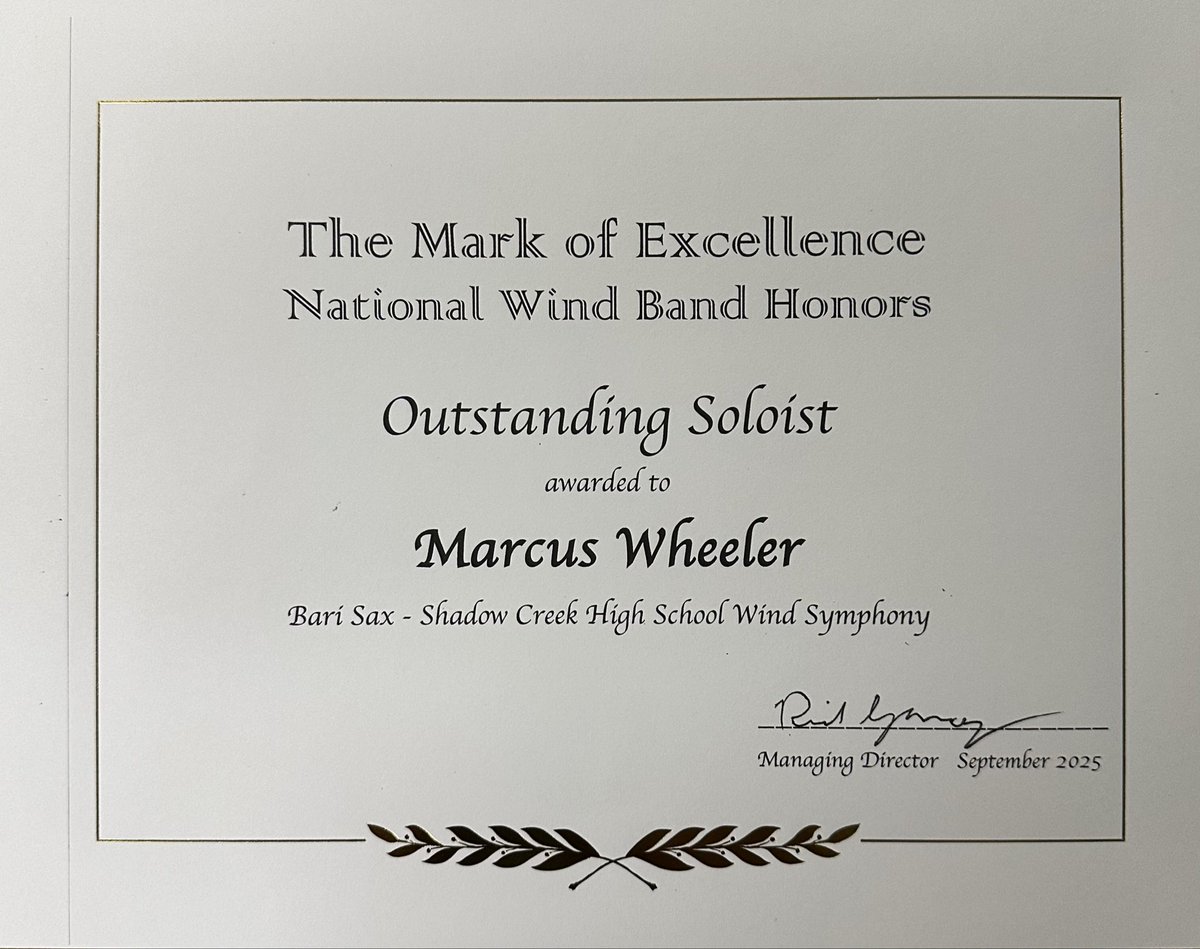 ShadowCreekBand's tweet image. CONGRATULATIONS to Rushil, Meaghan, Peter, and Marcus for being named Outstanding Soloists in the 2025 National Wind Band Honors competition! @AISDFineArts @AlvinISD @ShadowCreekHS