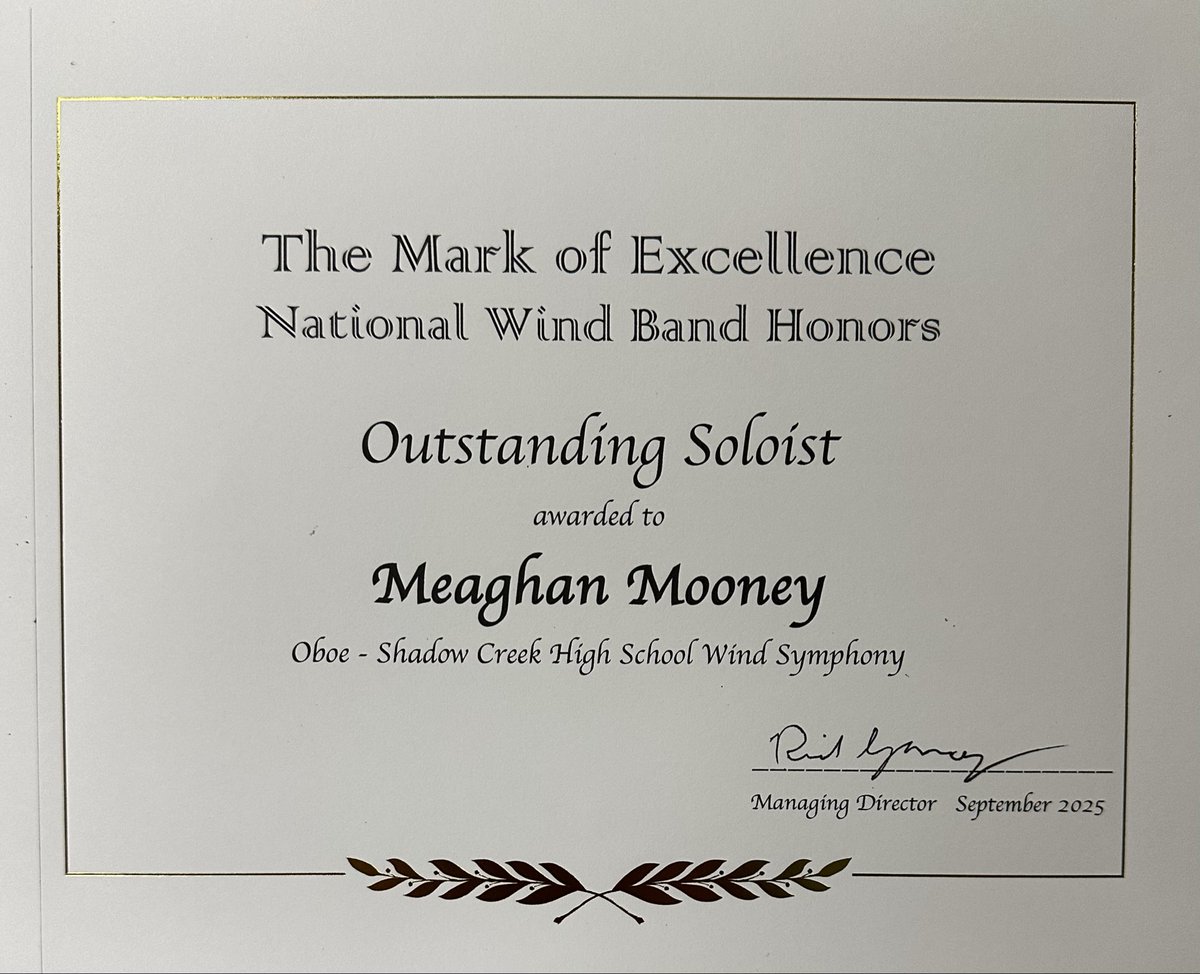 ShadowCreekBand's tweet image. CONGRATULATIONS to Rushil, Meaghan, Peter, and Marcus for being named Outstanding Soloists in the 2025 National Wind Band Honors competition! @AISDFineArts @AlvinISD @ShadowCreekHS