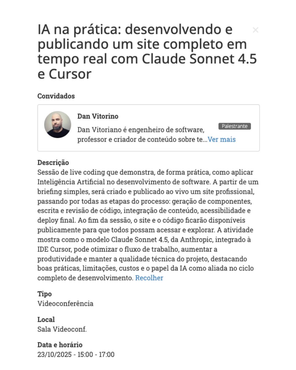 danvitoriano's tweet image. Nesta quinta (23/10), às 15h, participo da Semana da Computação da Universidade Federal do Ceará – Campus Russas com um live coding mostrando como usar IA para publicar um site completo em tempo real. 👉Grátis e online: sescomp.com.br/2025
#IA #Programação #Tech #Ceará