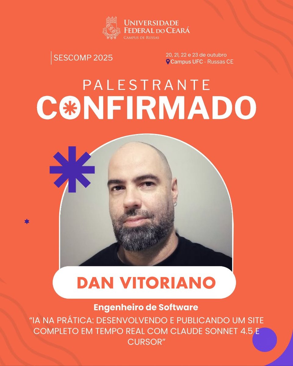 danvitoriano's tweet image. Nesta quinta (23/10), às 15h, participo da Semana da Computação da Universidade Federal do Ceará – Campus Russas com um live coding mostrando como usar IA para publicar um site completo em tempo real. 👉Grátis e online: sescomp.com.br/2025
#IA #Programação #Tech #Ceará