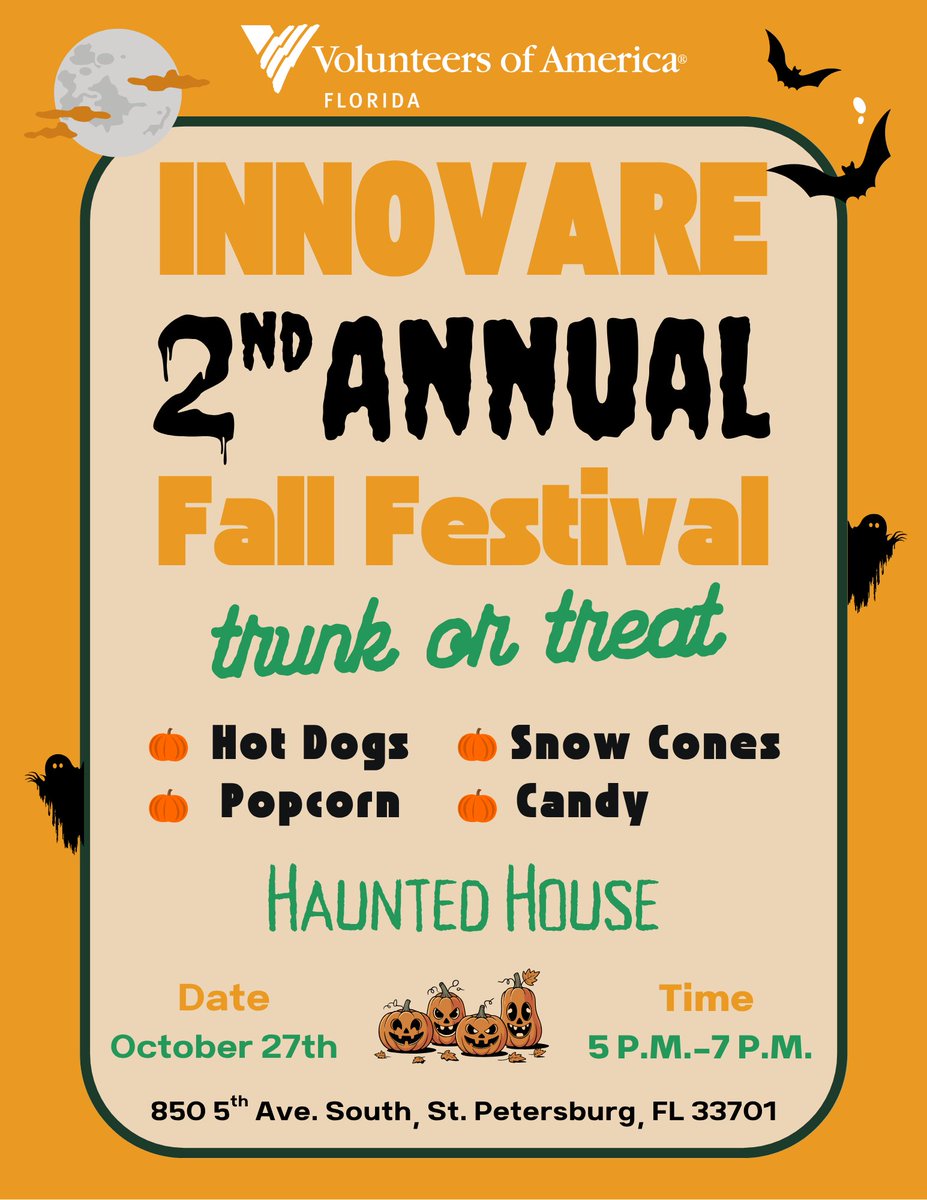 Join us at Innovare for the 2nd Annual Trunk or Treat &amp; Haunted House hosted by #VOAF! 

10/27
5 PM – 7 PM
850 5th Ave. South, St. Pete
Decorated trunks, delicious treats, and a haunted house!
Let’s celebrate community and have some Halloween fun together!
 #TrunkOrTreat  #StPete