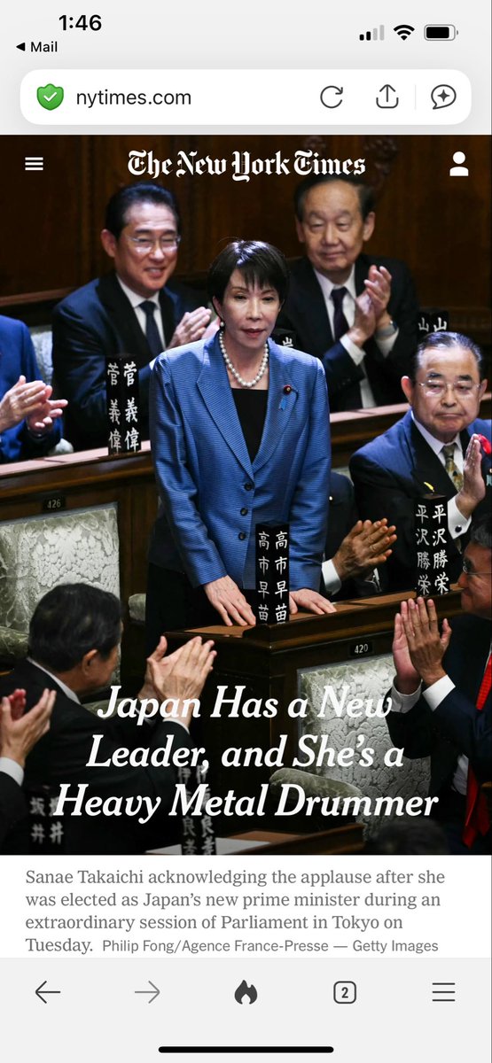 Japan elects its first female Prime Minister, Sanae Takaichi. 

As yes, she’s a heavy metal drummer and reportedly drives an old Toyota Supra 🇯🇵