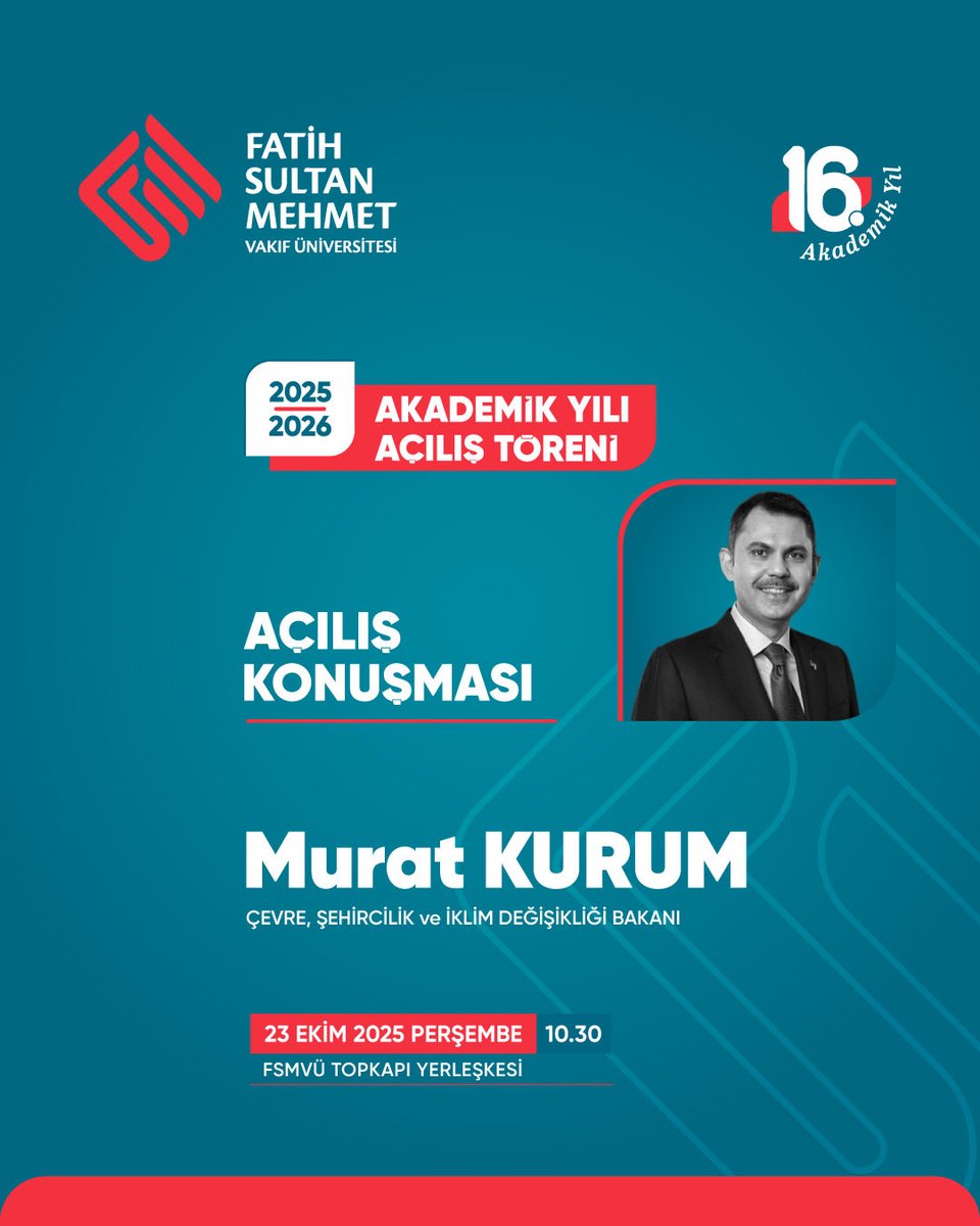 Üniversitemizin yeni akademik yılı, Çevre, Şehircilik ve İklim Değişikliği Bakanı Sayın Murat Kurum’un yapacağı açılış konuşmasıyla başlıyor.

📅 23 Ekim 2025, Perşembe
🕥 10.30
📍  Topkapı Yerleşkesi

#FSMVÜ #AkademikYılAçılışı