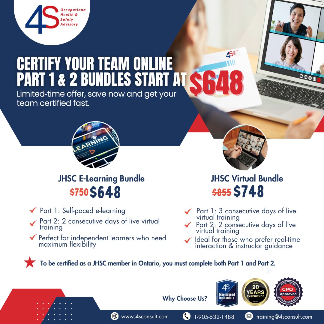Certify your team online and save.

JHSC Part 1 &amp; 2 training bundles now start at just $648. Choose self-paced or live virtual. CPO-approved.

Book your team’s training today : zurl.co/kuD2h 

#JHSC #SafetyTraining #Ontario
