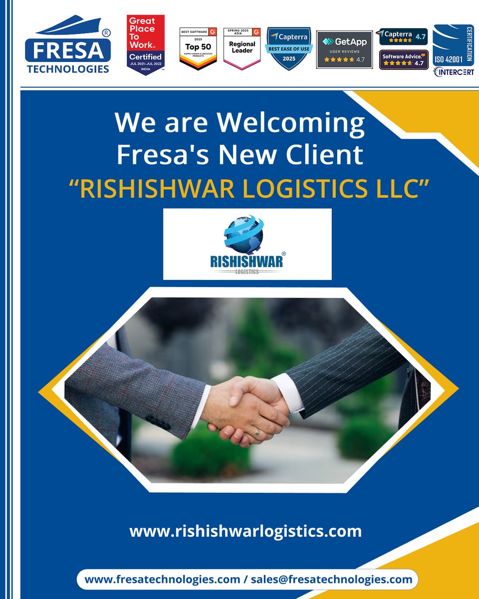 fresatechnology's tweet image. 🎉We are Welcoming Fresa&apos;s New Client🤝🚀
&quot;RISHISHWAR LOGISTICS LLC&quot;

#Fresa #Freightsolutions #Freightforwarding #Import #FresaGold #ERPSoftware #G2Awards #SoftwareRecognition #CustomerSatisfaction #BestERPSoftware  #Welcome #Client #NewCustomer #Onboard #Newclient #rishishwar