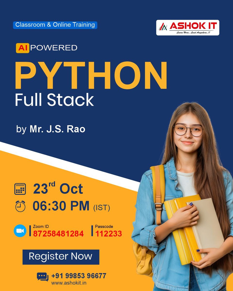 ashokitschool's tweet image. 🚀 Become an AI-Powered Python Full Stack Developer!

📲 Register Now: tr.ee/jwnH2J

📍 Training Mode: Classroom &amp;amp; Online
🗓️ Date: 23rd October
⏰ Time: 6:30 PM (IST)
ntorship by Mr. J.S. Rao

#PythonFullStack #AIPoweredDevelopment #AshokIT #LearnPython #FullStack