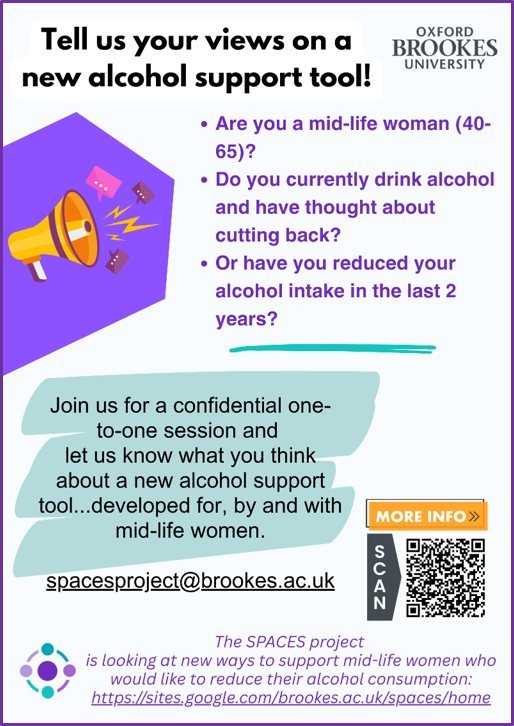 Help Us Shape a New Alcohol Support Tool for Mid-Life Women

The SPACES research team are inviting women aged 40–65 to take part in a confidential interview study exploring a new alcohol support resource which has been designed for, by, and with mid-life women.