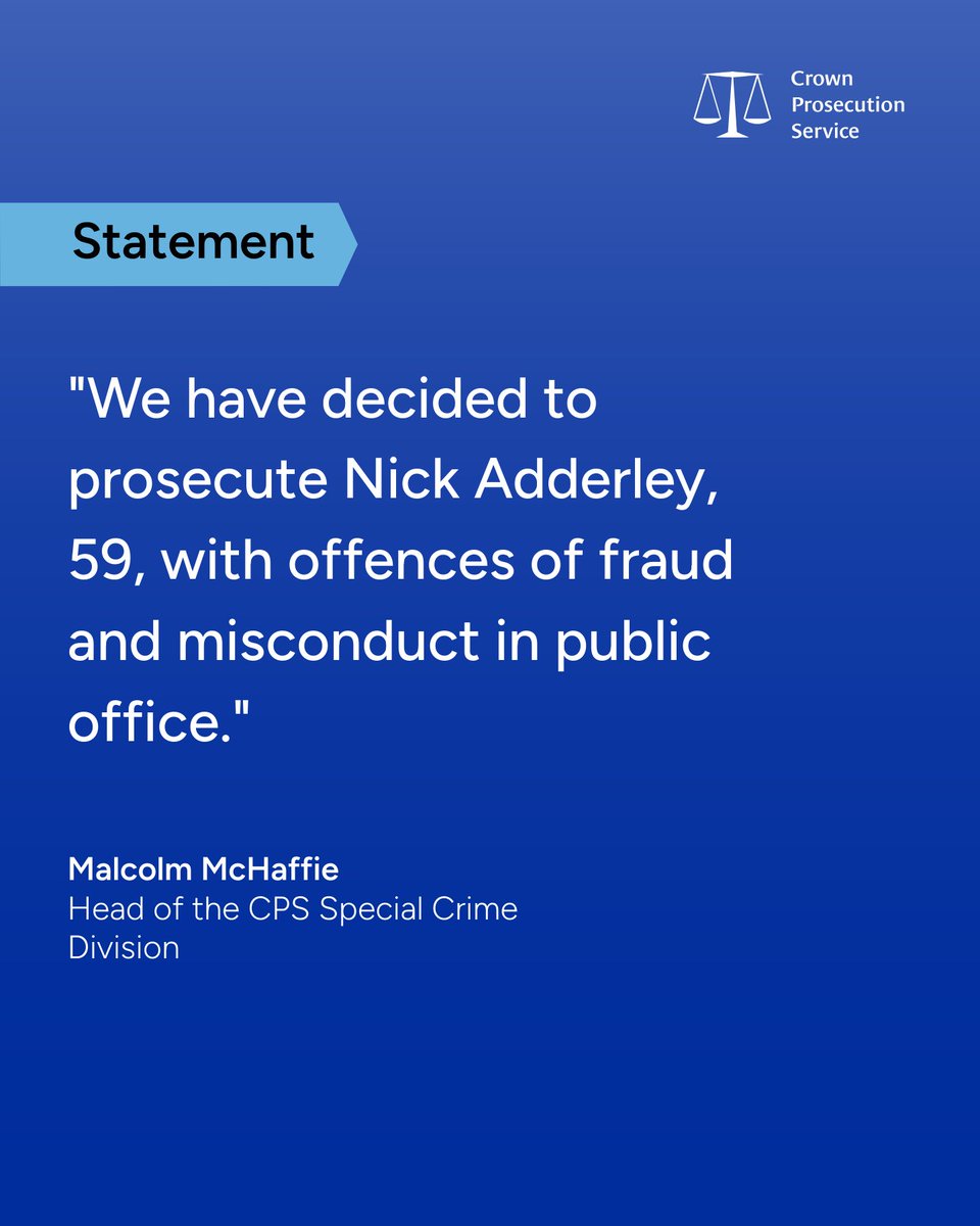 ⚖️ The Crown Prosecution Service has decided to prosecute former Northamptonshire Police chief constable Nick Adderley with fraud and misconduct in public office. 

This follows an investigation by <a href="/policeconduct/">Independent Office for Police Conduct (IOPC)</a>. 

Read more  👉  orlo.uk/ix0dm