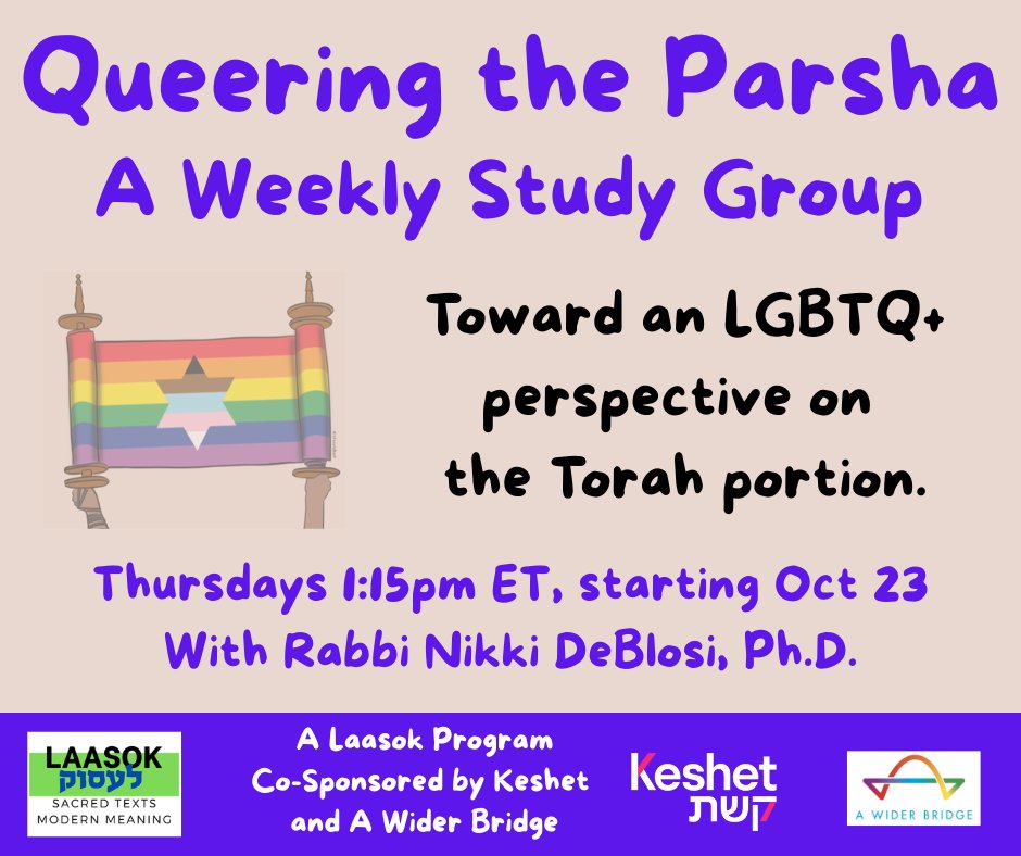 AWiderBridge's tweet image. Torah, Jewish literature from various time periods, and LGBTQ+ commentary. Weekly meetings starting Thursday awiderbridge.org/event/queering…