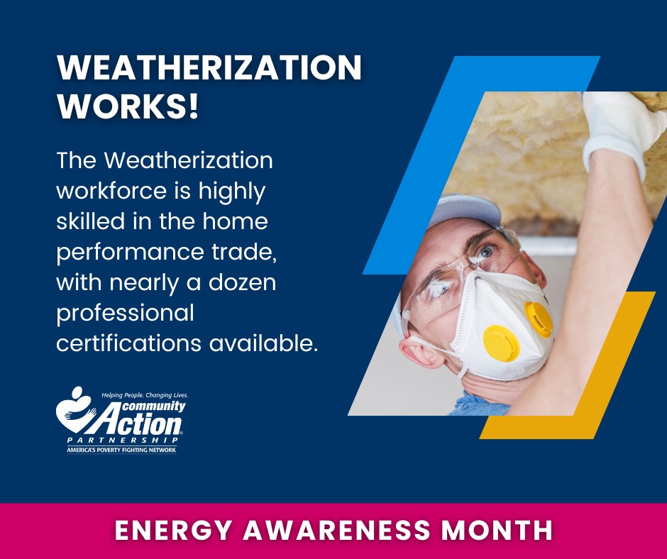 CAPartnership's tweet image. The #Weatherization workforce is highly skilled in the home performance trade, with nearly a dozen professional certifications available. #EnergyAwarenessMonth #WeatherizationWorks #WxDay