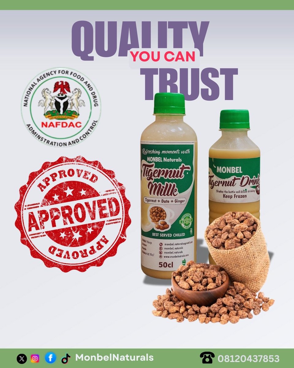 Manufactured under strict quality control and best practices, and proudly registered by NAFDAC.

Drink Monbelnaturals Tigernut, drink Quality.🥂

Available across stores and restaurants in Osogbo and Ede. 
#MonbelNaturals