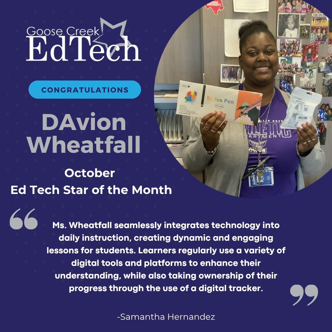 gccisd_edtech's tweet image. 🌟💻 Congratulations to our October EdTech Star of the Month, DAvion Wheatfall from EF Green! 🎉DAvion is making an impact by using technology to support learning, inspire creativity, and empower students every day. 🌎✨ We are so proud of the innovative work happening! 👏