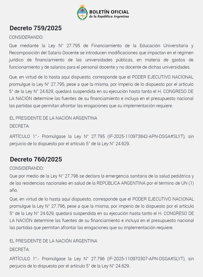 Two official decree documents from the Argentine Republic printed on paper with formal headers including the Boletín Oficial logo. The first decree 759/2025 addresses university financing law suspension pending congressional funding determination with articles specifying budgetary impacts. The second decree 760/2025 covers pediatric emergency law suspension under similar conditions for health sector funding. Both include signatures and article references in standard legal format.