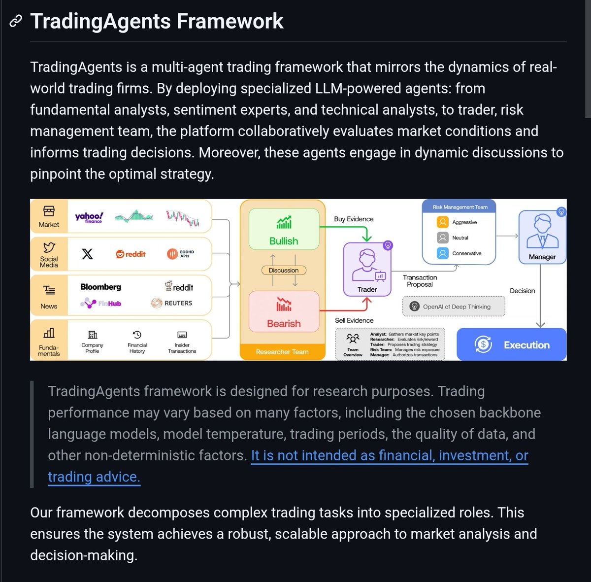 IndianQuantDev's tweet image. TradingAgents by: a multi-agent LLM trading framework with Fundamentals, Sentiment, News & Technical analyzers; bullish/bear researchers debate through k-round rounds; RiskMgr optimizes VaR/CVaR; configurable (deep_think=gpt-4o, data=yfinance/AlphaV); backtest-ready! #quant