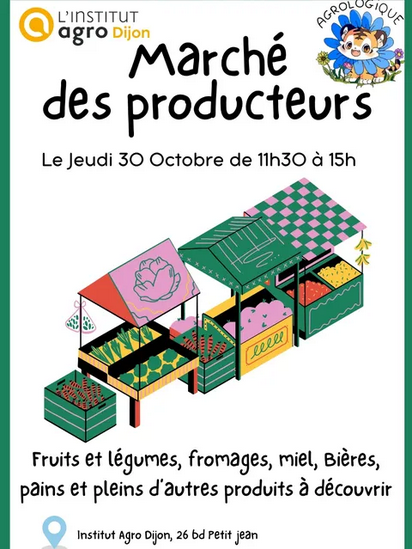 AgrosupAlumni's tweet photo. Marché des producteurs
Institut Agro Dijon
30/10/2025 - 11h30 à 15h
26 bd Dr Petijean - Dijon
Envie de saveurs locales et de bons produits pour cette autonome ? Le marché des producteurs est de retour.
Venez nombreuses et nombreux pour découvrir des produits locaux !
Agro_logique https://t.co/gy2rUZqSZV
