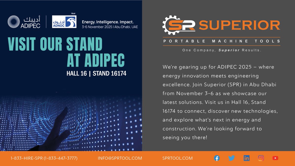 spr_tool's tweet image. We’re gearing up for ADIPEC 2025—where energy innovation meets engineering excellence. Join Superior in Abu Dhabi from November 3–6 as we showcase our latest solutions. Visit us in Hall 16, Stand 16174 to explore what’s next in energy and construction. #Superior #SPR #ADIPEC