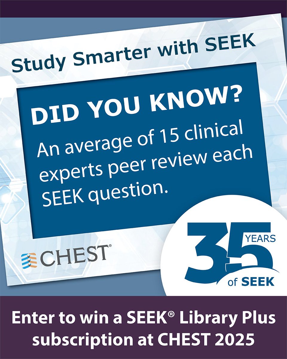 We’re celebrating 35 years of SEEK® at #CHEST2025!
Stop by the Digital Learning Pod in Experience CHEST (Exhibit Hall), and you’ll be entered to win a free SEEK® Library Plus subscription — complete with 1,250+ questions and 300+ CME/MOC/CE.

Learn more: hubs.la/Q03MQ9wf0