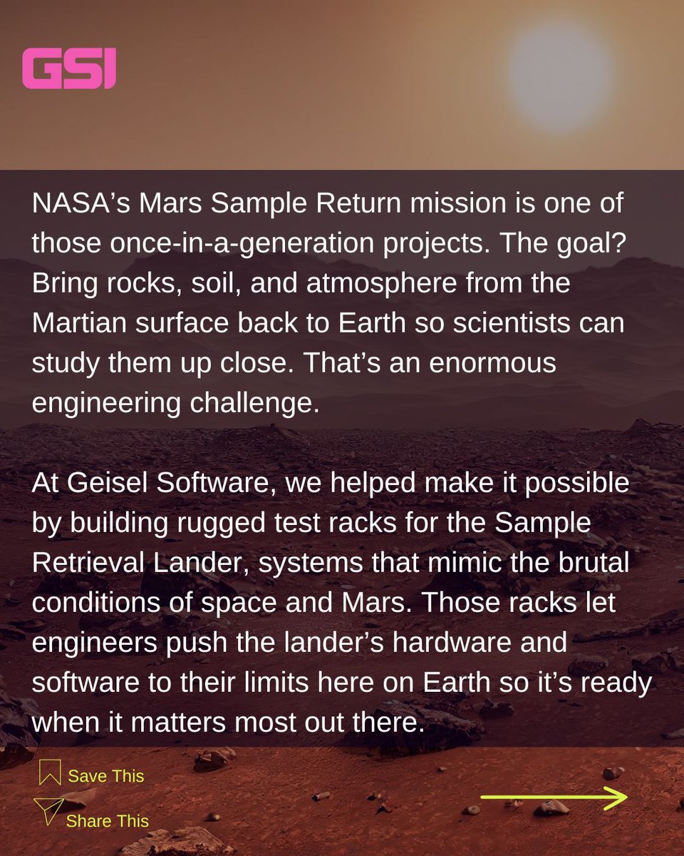 Geiselsoftware's tweet image. 🪐 NASA’s Mars Sample Return will bring Martian samples home — a bold challenge.
We built test racks that mimic Mars conditions, pushing the lander to its limits.
Engineering makes it possible.
#NASA #Mars #Engineering #Innovation #Robotics