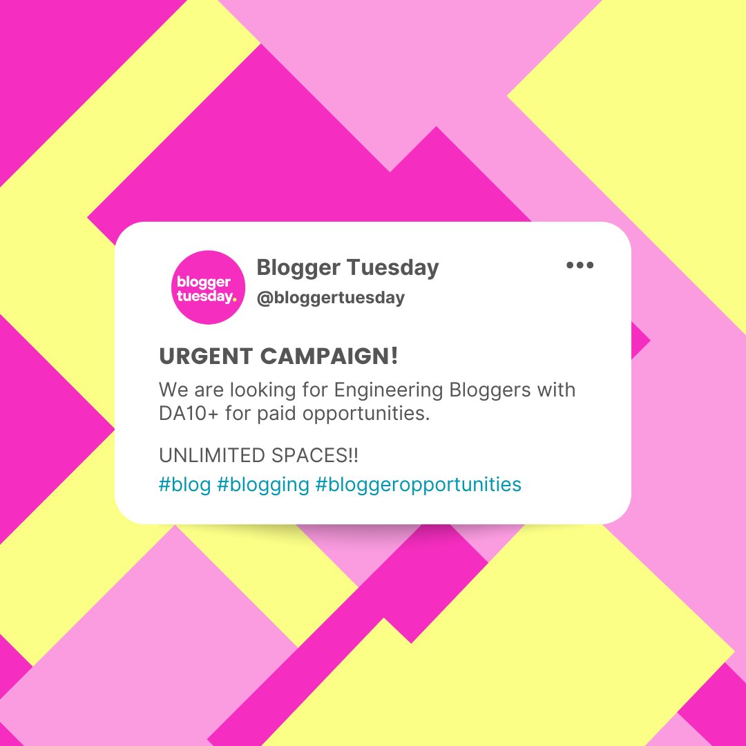 BloggerTuesday's tweet image. 🚨ATTENTION BLOGGERS!🚨
We have unlimited positions available for bloggers within the Engineering niche!
Drop your links below if you think you fit this category
#blog #blogging #blogger #paidopportunities #digitalwriting #engineeringbloggers