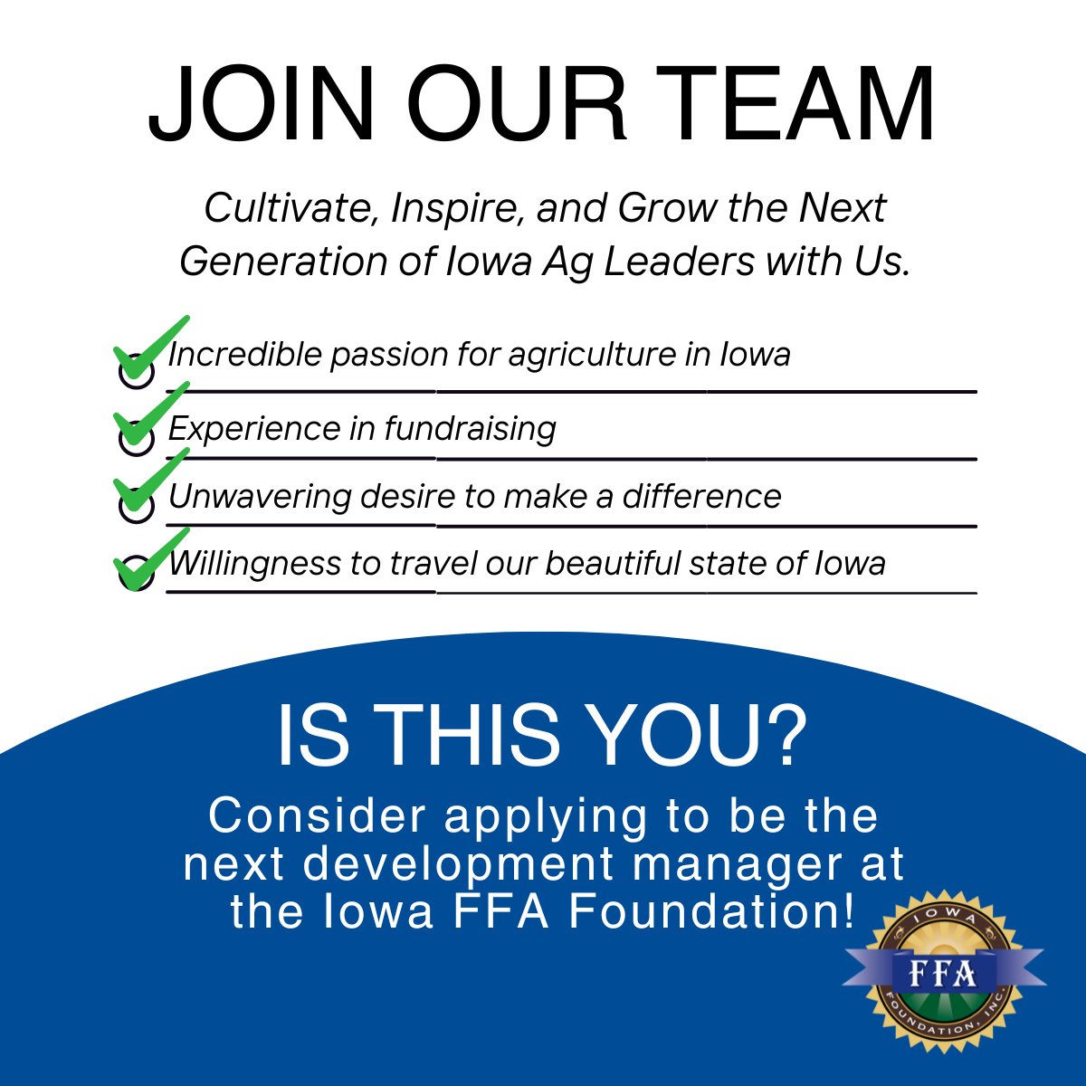 Iowa FFA Foundation (@iaffafoundation) on Twitter photo We’re hiring! 💼
Join our team as the next Development Manager and help grow the next generation of Iowa ag leaders. 🌾 There’s still time to apply!
Apply today 👉 linkedin.com/jobs/view/4309…
#IowaFFA #AgEducation #NowHiring We’re hiring! 💼
Join our team as the next Development Manager and help grow the next generation of Iowa ag leaders. 🌾 There’s still time to apply!
Apply today 👉 linkedin.com/jobs/view/4309…
#IowaFFA #AgEducation #NowHiring