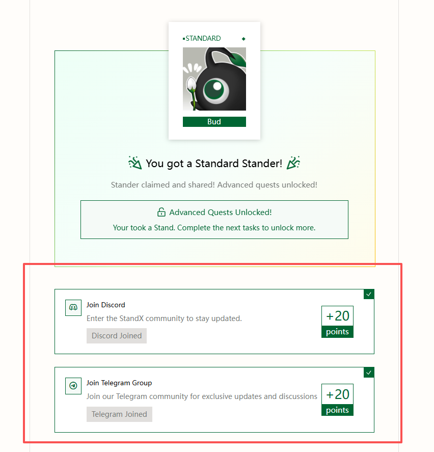 干活了干活了
快去领取 <a href="/StandX_Official/">StandX</a>  的ID卡

入口：community.standx.org
1、先填写邮箱+推特关注
2、点击claim 后领取到ID卡
3、点击 share on X 解锁更多任务
4、加入DC 和TG 可以拿40积分