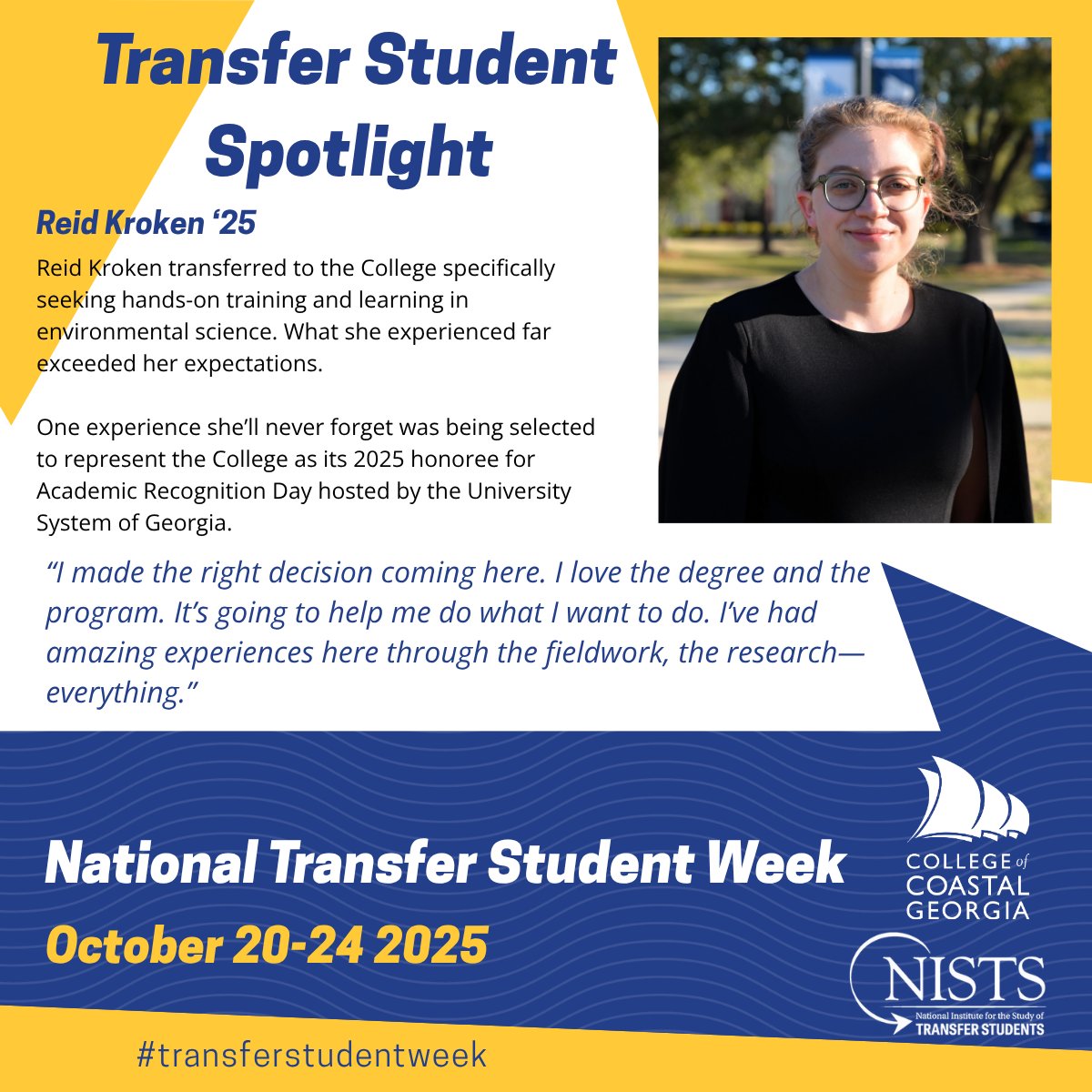 🌊 It’s #TransferStudentWeek! 💙 

Meet Reid Kroken ’25, who found her passion for marine science after transferring to the College of #CoastalGeorgia. She earned a 4.0 GPA &amp; represented Coastal at USG’s Academic Recognition Day! 👉 bit.ly/4ngKaPn

#MarinerPride
