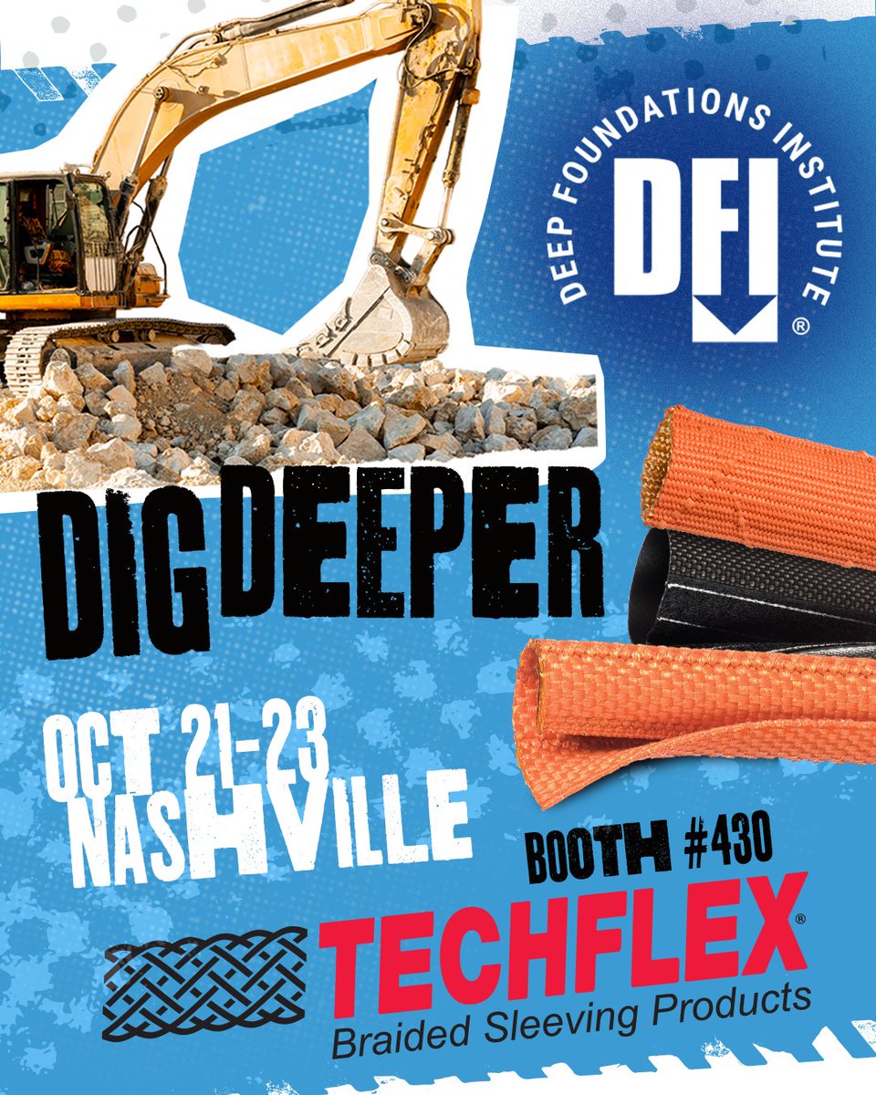 Techflex_inc's tweet image. ⚡️ It Begins! Lay the groundwork for connection with Techflex® at the Deep Foundations Institute® Conference in Nashville. Visit booth 430, Oct. 21-23 to discover heavy duty sleeving and wraps for industrial wire, cable, and hydraulic hose protection. #DFI #DFI2025