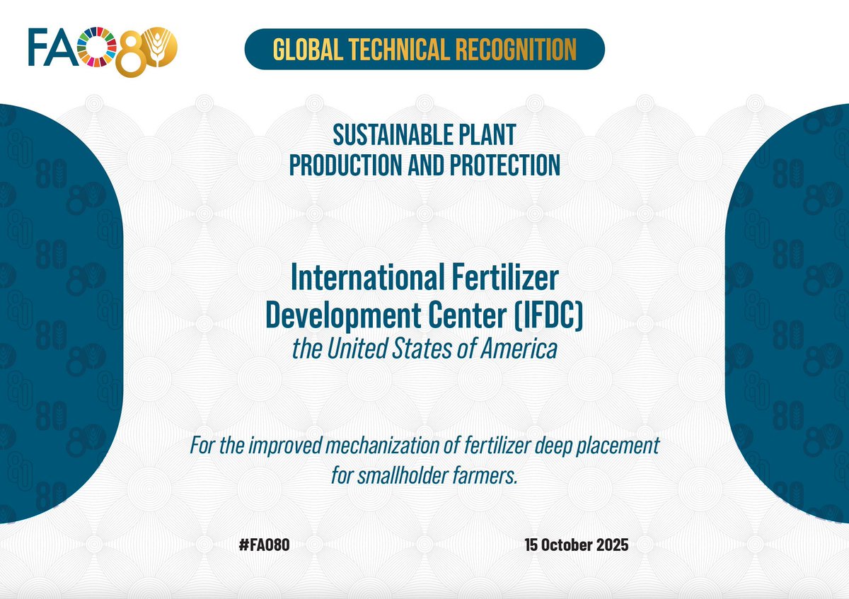 IFDC (@ifdcglobal) on Twitter photo Honored to be recognized by <a href="/FAO/">Food and Agriculture Organization</a> at the 2025 #WorldFoodForum! 🌍
IFDC received distinction in the Advancements of Agronomic Practices category for improving mechanization of fertilizer deep placement for smallholder farmers.
Learn more: buff.ly/R8b1AyZ Honored to be recognized by <a href="/FAO/">Food and Agriculture Organization</a> at the 2025 #WorldFoodForum! 🌍
IFDC received distinction in the Advancements of Agronomic Practices category for improving mechanization of fertilizer deep placement for smallholder farmers.
Learn more: buff.ly/R8b1AyZ