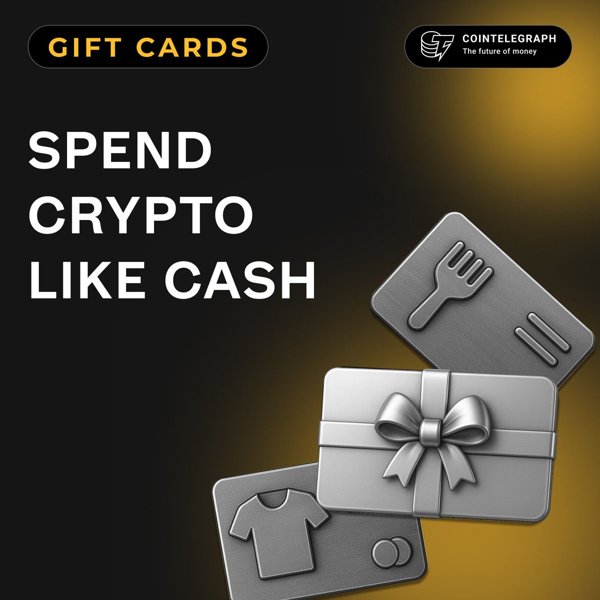 💳 EXCLUSIVE: Spend your crypto on everyday things.

From pizza to plane tickets, turn tokens into experiences with Cointelegraph Gift Cards.