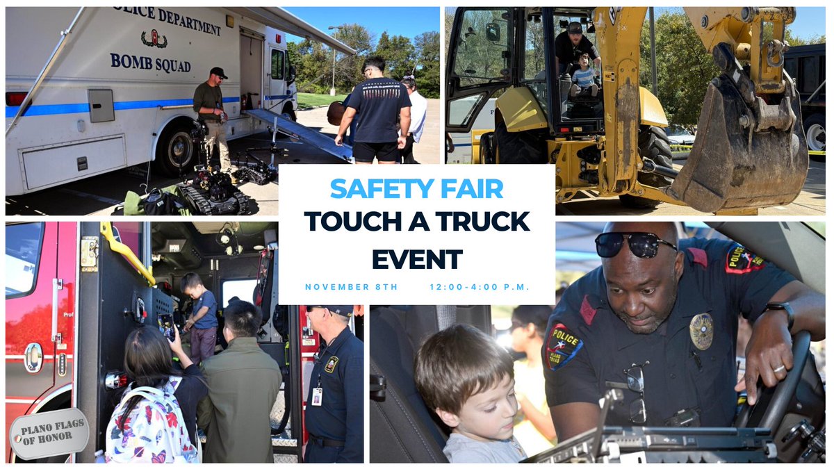 👮‍♀️🚒 Bring the family out for the Safety Fair &amp; Touch-a-Truck, Nov 8 from 12–4 PM at Red Tail Pavilion! Meet first responders, explore emergency vehicles, and learn about safety in our community. Free fun for all ages! 

#PlanoFlagsOfHonor #PlanoTX