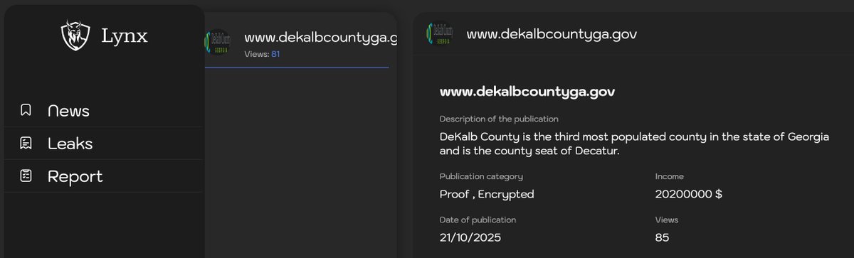 #Lynx #ransomware group has allegedly #hacked DeKalb County (<a href="/ItsInDeKalb/">DeKalb County, GA</a>), a local government entity in #Georgia, #USA 🇺🇸.

Stay informed, monitor cyber threats, and sign up for free on #VenariX 👉 venarix.com

#CyberAttack #infosec #CyberSec #CyberSecurity