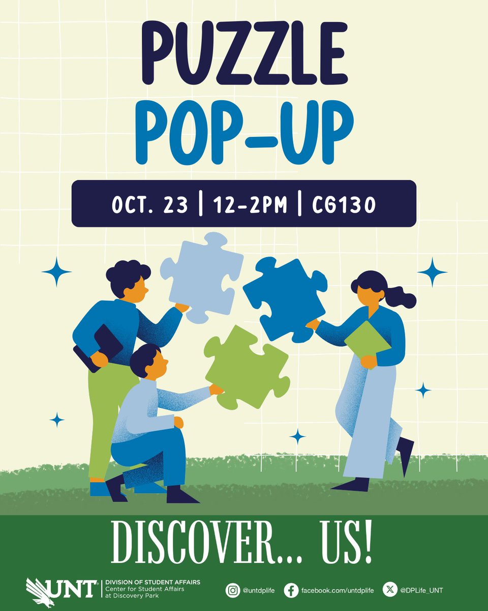 Wind down from Homecoming Week with Puzzle Pop-Up! We will provide all the puzzles for a calm relaxing experience! Makes some new friends or have a relaxing solo adventure. The choice is up to you!

🗓️ October 23
⏰ 12-2pm
📍 CG130

#UNT #UniversityofNorthTexas #DiscoveryPark