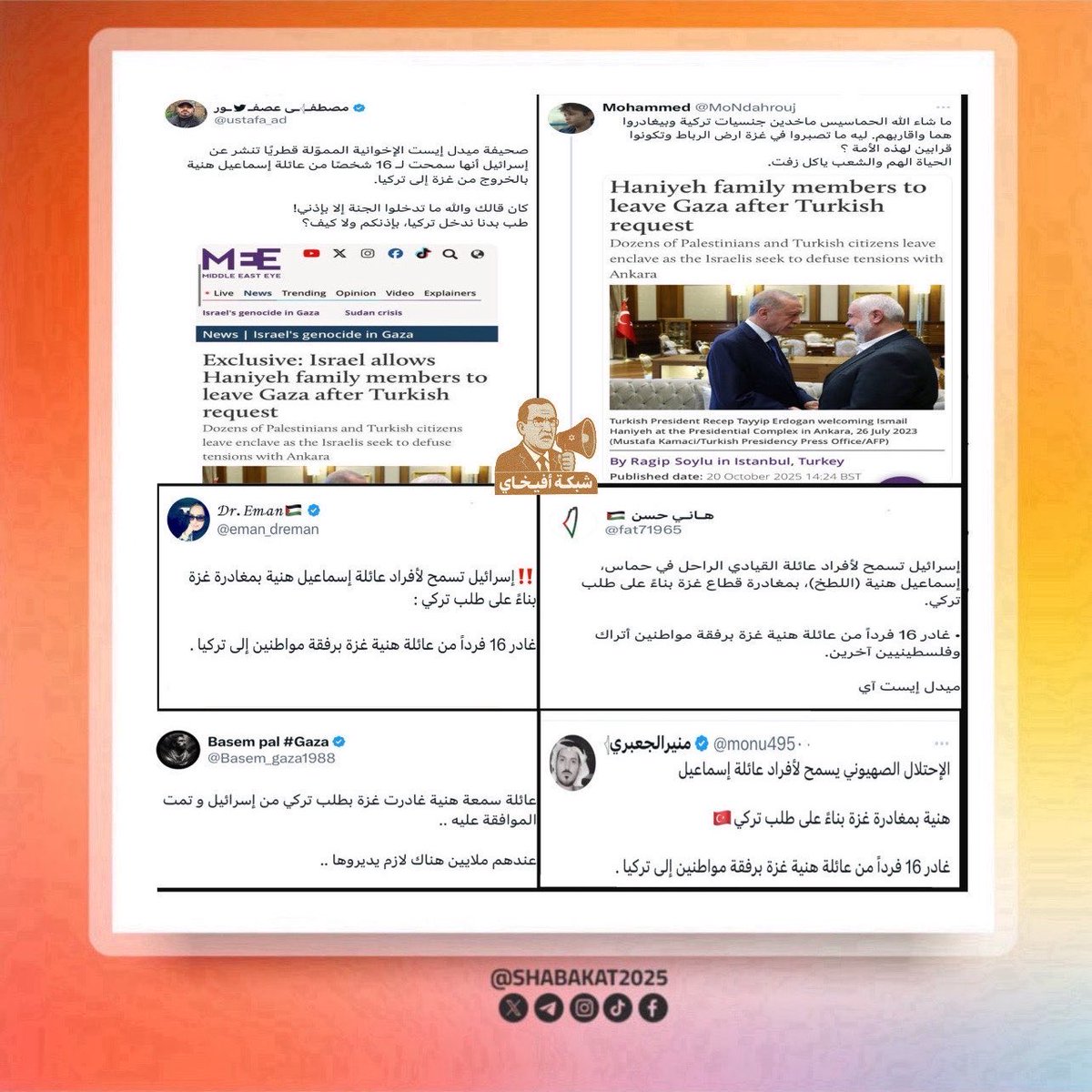 خبر نشرته مصادر مشبوهة عن سفر 16 شخص من عائلة قائد الحركة إسماعيل هنية إلى خارج قطاع غزة .. ونفته الجهات الرسمية اليوم .. ورغم ذلك انخرط الحثـ...الات والبهائــ...ـم من #شبكة_افيخاي سريعاً في نشر وترويج الخبر واستخدموه للتحريض على قيادات المقاومــ.ة الشهداء 

هل تعلم يا عزيزي