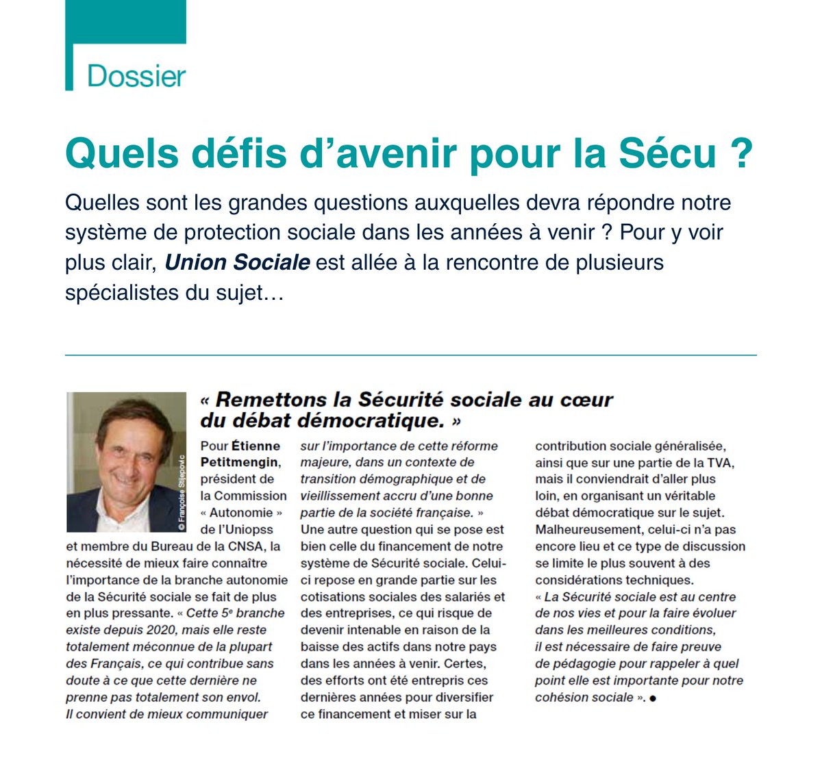 🚩[Dossier] Quel avenir pour la Sécu ?

💡 Dans le dernier numéro d'Union Sociale des experts nous éclairent sur le future de notre système de protection sociale.

Témoignage d' Etienne Petitmengin, président de la Commission « Autonomie » de l’Uniopss 
👉 buff.ly/RToQzQH