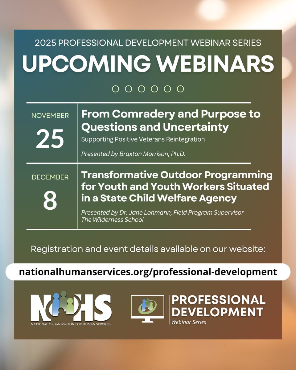 NOHS_org's tweet image. 📅 Only 2 webinars left in 2025! Expand your journey in #HumanServices &amp;amp; grow your skills. Register today: nationalhumanservices.org/professional-d…
#ProfessionalDevelopment #NOHS