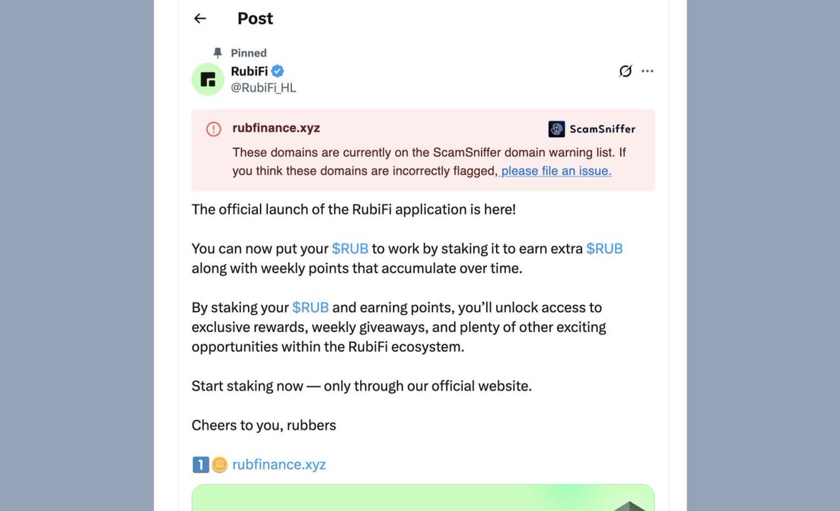 hakeemfromeast's tweet image. ⚠ The official RubiFi X account was hacked and used to spread phishing links. Another reminder that even verified projects aren’t immune to attacks. Always double-check links before clicking: one second of attention can save months of losses.
Digital security should be a habit.