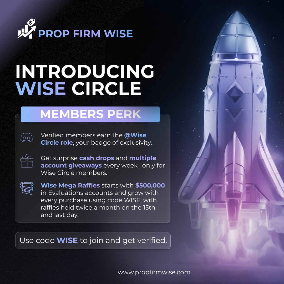 Introducing The Wise Circle — an exclusive role for traders who use code WISE at any of our partner firms.

🎯 Verified members unlock:
1.⁠ ⁠Wise Circle Role on Discord — your badge of exclusivity, with private wise circle chat.
2.⁠ ⁠Access to Wise Mega Raffles — over