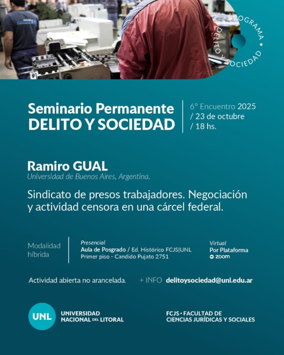 El jueves estaremos por acá con los amigos de <a href="/DelitoySociedad/">Delito y sociedad</a> 

Cómo fue posible la creación de un sindicato de presos? Cuáles fueron las principales conquistas? Cómo dialoga con las experiencias de resistencias en prisión?

👇🏻 unl-edu-ar.zoom.us/j/82827250996