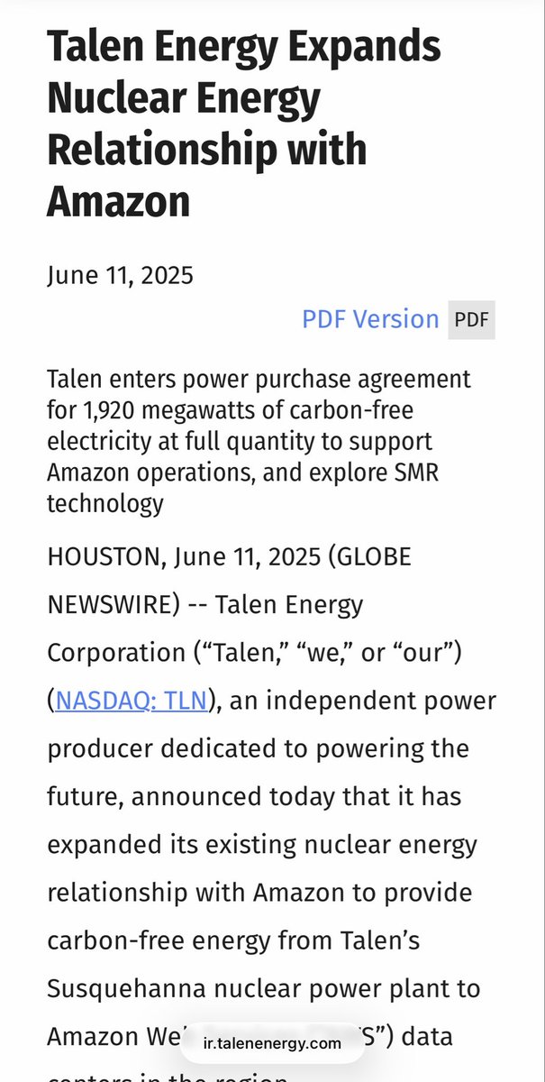 thejefflutz's tweet photo. Talen signed a nuclear power agreement with Amazon for AI hyperscaler datacenter this summer and $EOSE &amp; Talen have now signed a partnership agreement announced this morning… 👀 https://t.co/dmizpbpJQ8
