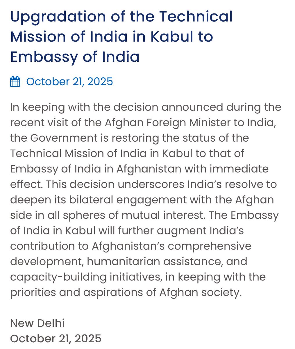 amrit_palsingh's tweet image. India restores status of the Technical Mission of India in Kabul to that of Embassy of India in Afghanistan with immediate effect.