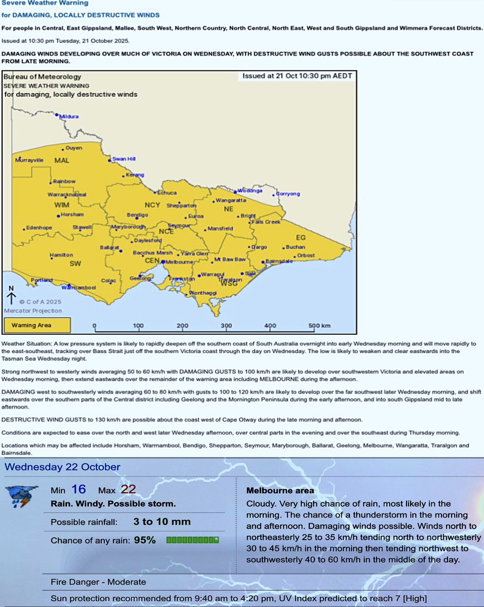 weathergraphy's tweet image. DEVELOPING: A big severe weather warning for damaging, locally destructive winds &amp;amp; thunderstorms likely to rapidly race through most of Victoria including Melbourne. Stay safe.⚠️
•
#VicWeather #Melbourneweather #Melbweather #Victoria #Melbourne