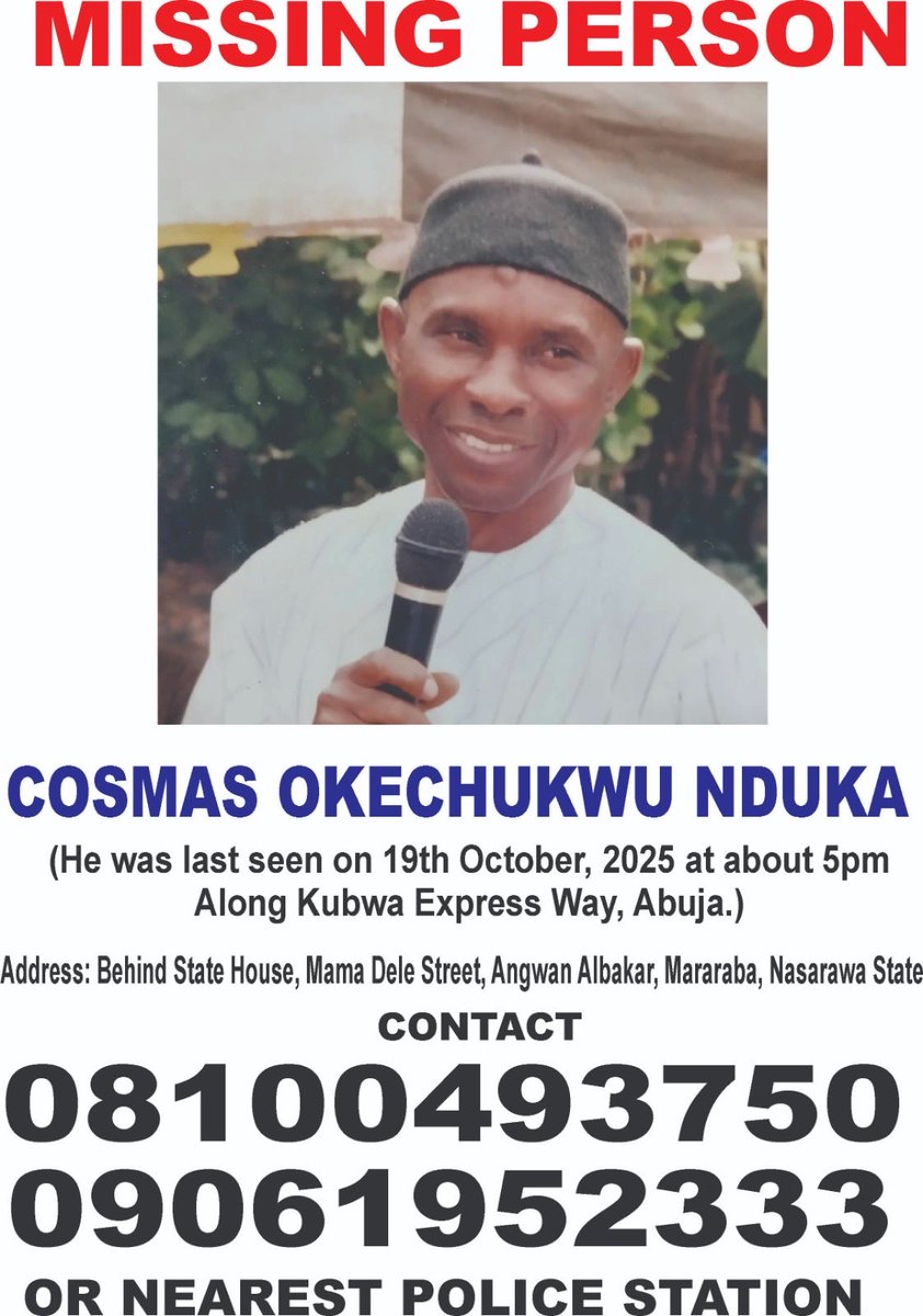 FaithNduka's tweet image. Hello everyone,
My dad has been missing since Sunday, 19th Octoberr 2025. He was last seen at kubwa express way trying to board a vehicle back to Mararaba.
He's 5ft 8, brown eyes, dark in complexion, 68 years old. He had a lump-like thingy on his forehead. Pls help RT