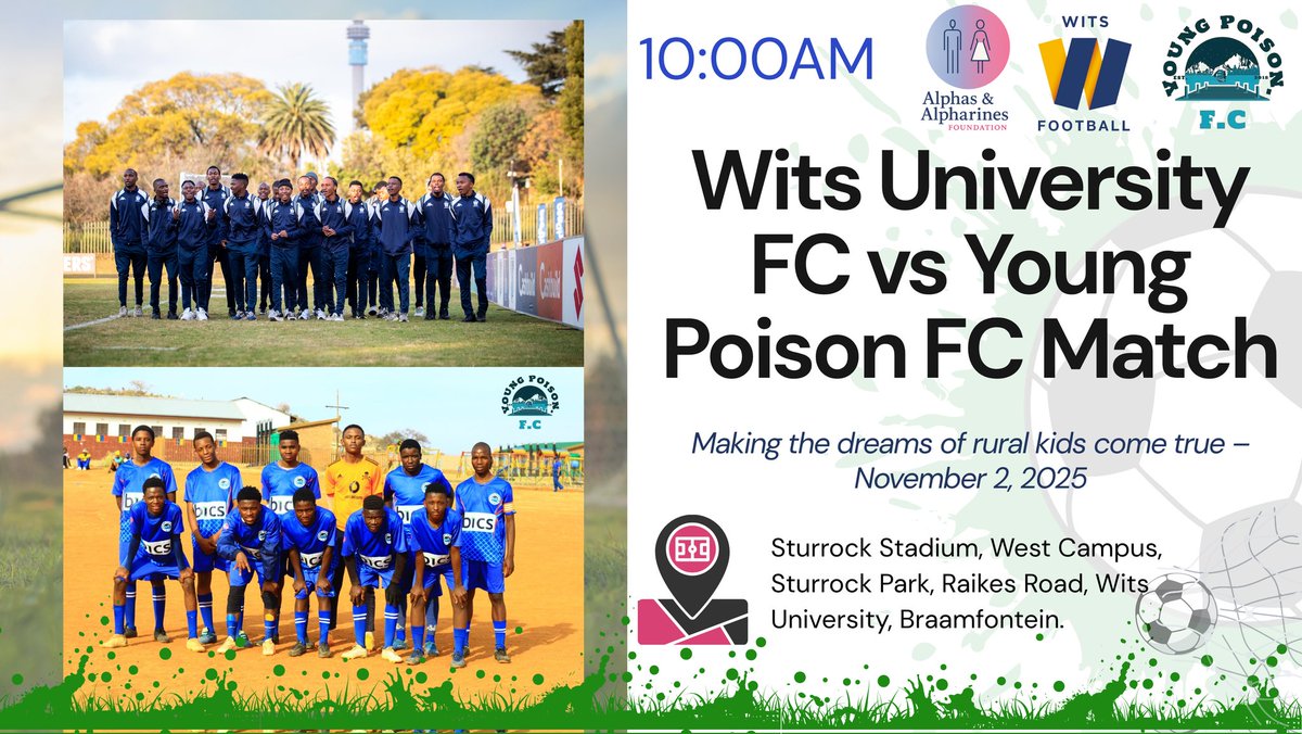 Chrissy43175254's tweet image. 🎉 Alphas and Alpharines Foundation brings you an exciting community sports experience! ⚽
We are thrilled to announce the Friendly Match between Wits Football Club and Young Poison Football Club.
#AAFxYPFC
#AAFxWits #CommunityDevelopment #YouthEmpowerment #FootballForChange