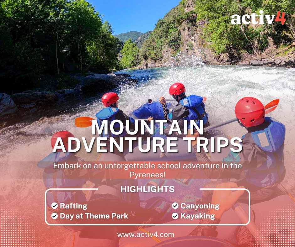 🌊 Ready for an unforgettable school adventure?
Head to the Pyrenees for a week of rafting, canyoning, kayaking &amp; a thrilling theme park finale! 🏞️🎢
Adventure, teamwork &amp; memories that last a lifetime.
👉 activ4.com/request-a-quote
#SchoolTrips #Adventure #BeyondTheClassroom