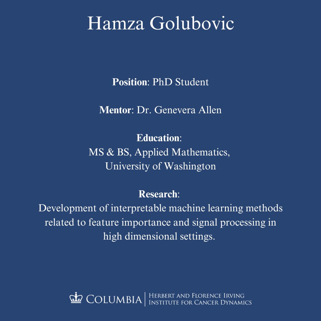 Cancer_dynamics's tweet image. Welcome to Hamza Golubovic, a PhD student in statistics in @Genevera_Allen's group (@ZuckermanBrain). Hamza has been developing interpretable machine learning methods related to feature importance and signal processing in high dimensional settings.