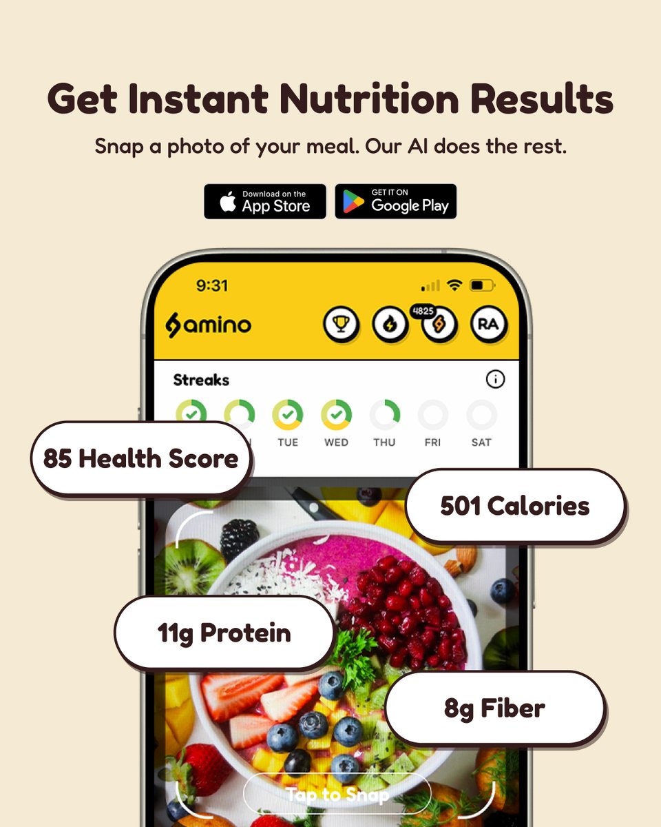 aminoai's tweet image. One photo and you’ll never log food the old way again. 📸🥑