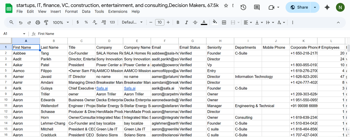 Just scraped a MASSIVE LIST of 67000+ Decision Makers across 7 HIGH-VALUE INDUSTRIES:

- STARTUPS
- IT
- FINANCE
- VENTURE CAPITAL
- CONSTRUCTION
- ENTERTAINMENT
- CONSULTING

Direct emails, phone numbers and LinkedIn profiles.
(all cleaned and up to date)

Normally this list