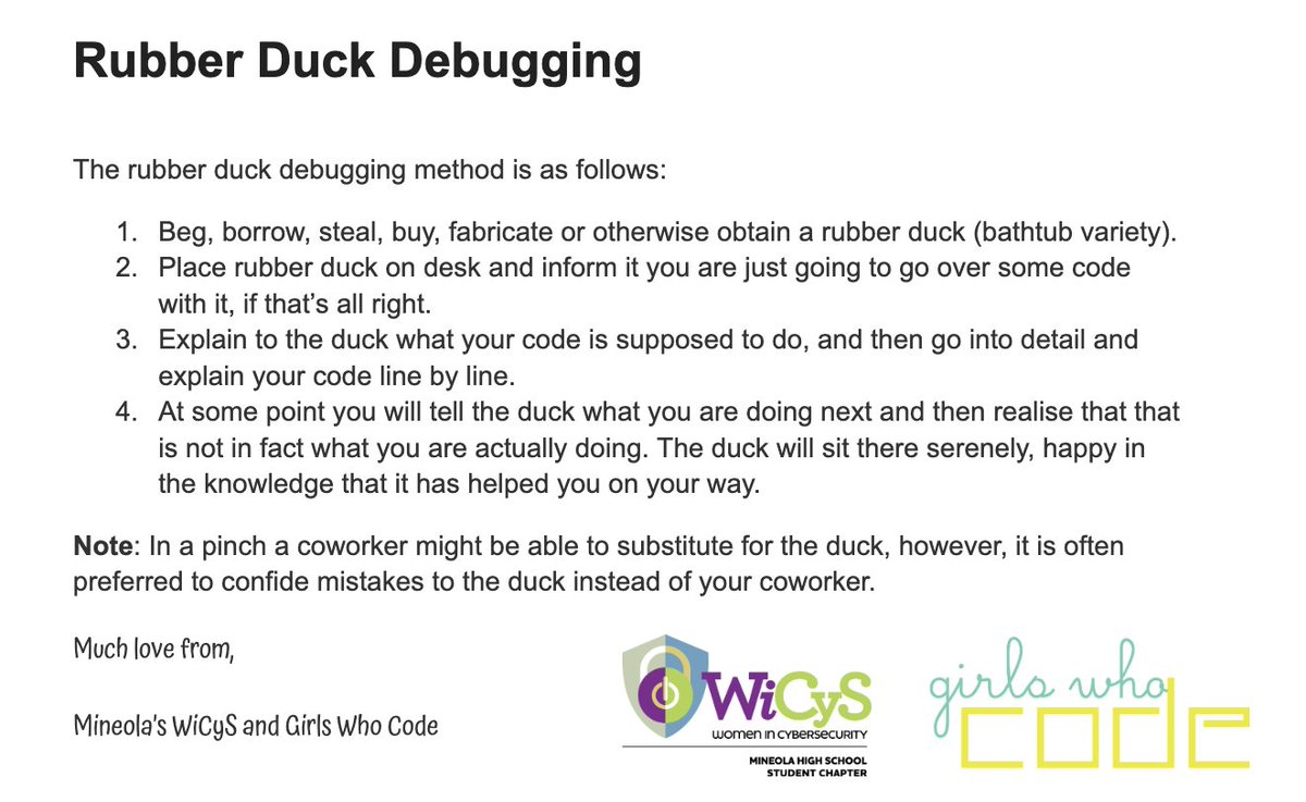 #GirlsWhoCode and #WiCyS stopped by <a href="/MsDiFede/">Kuri DiFede</a> 's AP Computer Science A class to help coders debug by giving them their own Rubber Ducky! They were able to adopt and name their own duck to help them solve problems and thing through coding projects! #MineolaProud
